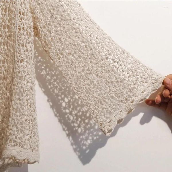 T-shirts Femmes Femmes Été Flare Manches Longues Cardigan Tricoté Creux Crochet Mesh Net Ouvert Avant Recadrée Pour Veste Mince Léger