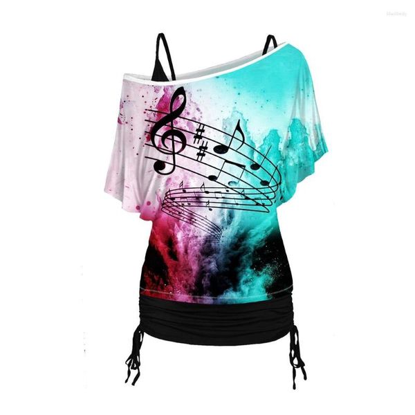 Camisetas de mujer, prendas de vestir de media manga de verano para mujer, camisa con cuello sesgado con estampado de notas musicales oblicuas y conjunto de camisola larga fruncida ceñida