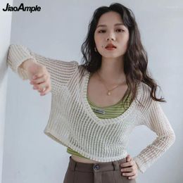 T-shirts de femmes femmes en été creux en tricot mince tops lacets lacets en jeu deux pièces dame coréenne décontractée à manches longues à manches