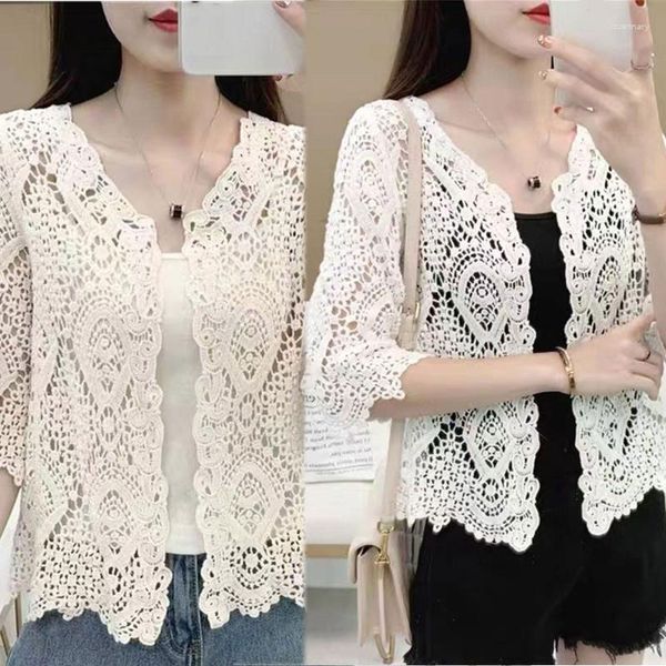 T-shirts Femmes Été Tricoté Dentelle Shrug Boho Creux Crochet Floral 3/4 Manches Ouvert Avant Cardigan Court Élégant Maille Courte