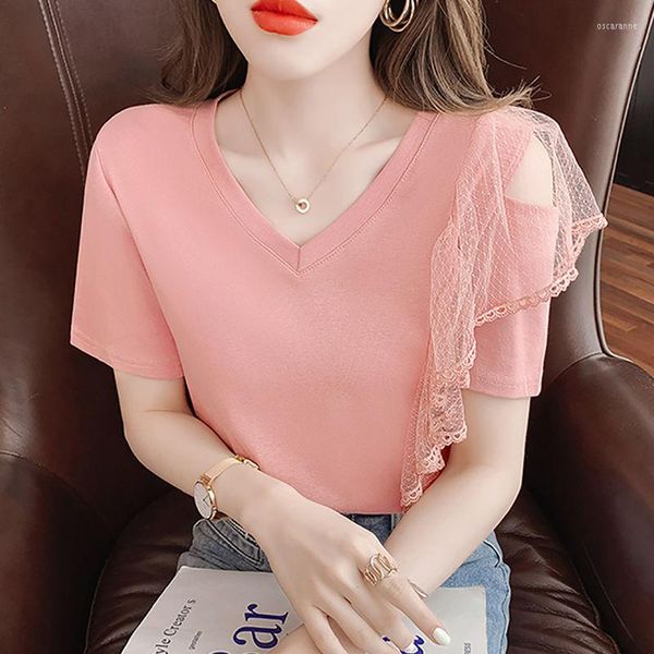 Camisetas de mujer, camisetas de verano de estilo coreano para mujer, camisetas informales de manga corta con cuello en V y hombros descubiertos, Tops de encaje de retazos para mujer Q157