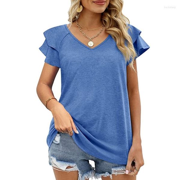 T-shirts pour femmes Femmes Summer Layered Ruffle T-shirts à manches courtes Col V Casual Loose Blouse Top MXMA