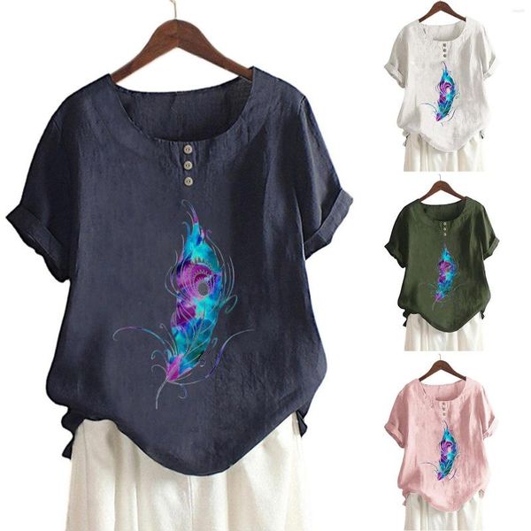 T-shirts pour femmes Femmes Été Col rond ButtonPrint Chemise à manches courtes Top Blouse Graphic Womens Tailo Button Down