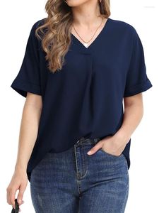 Camisetas de mujer, camiseta holgada sólida de verano para mujer, elegante, informal, a la moda, para oficina, para mujer, ropa de calle, cuello en V, Top de gasa de manga corta