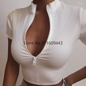 T-shirts pour femmes femmes été fermeture éclair T-shirt Sexy dames Bustier Corset à manches courtes hauts décontractés couleur unie col haut T-shirt