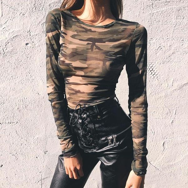 Camisetas para mujer Camiseta informal de manga larga con cuello redondo ropa de calle para mujer camisetas y Tops estilo militar camisetas de camuflaje