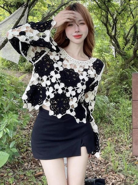 Camisetas para mujeres camisetas para mujeres huecas salidas chicas picantes todo empate manga larga mosaico de verano streetwear estilo coreano elegante