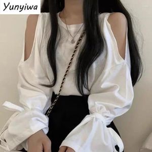 Camisetas para mujeres camisetas para mujeres con manga larga manga de manga encaje up sólido de hombros hembra leisure tendencia chic suelte sexy dulce todo combate