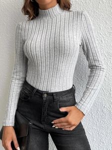 T-shirts pour femmes Femmes Tall Solid Stand Neck Tee Long Sleeve Slim Automne Hiver Blouse Casual T-shirt High Collar Stripe Basic Lap Over Soft