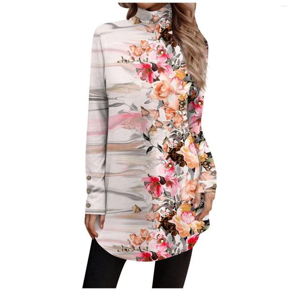 T-shirts Femmes Femmes T-shirt Mode Floral Print Blouse Casual Col Roulé À Manches Longues Printemps Automne Tops Femme Rétro