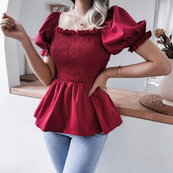 T-shirts pour femmes haut pour femme lanterne Peplum manches Blouses 2023 solide été à volants ourlet mince en mousseline de soie femme vêtements