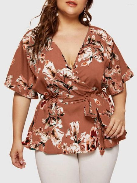 T-shirts pour femmes haut pour femme grande taille 5XL fleur surplis manches flottantes ceinturé court col en V décontracté Boho bureau chemise Blusas