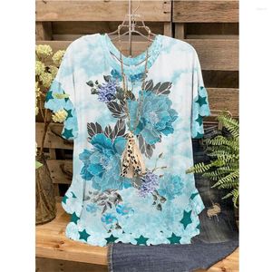 Dames t shirts dames tops t-shirts 3d gegolfde o-neck vlinder bloemen printen korte mouwen losse casual zomer streetwear