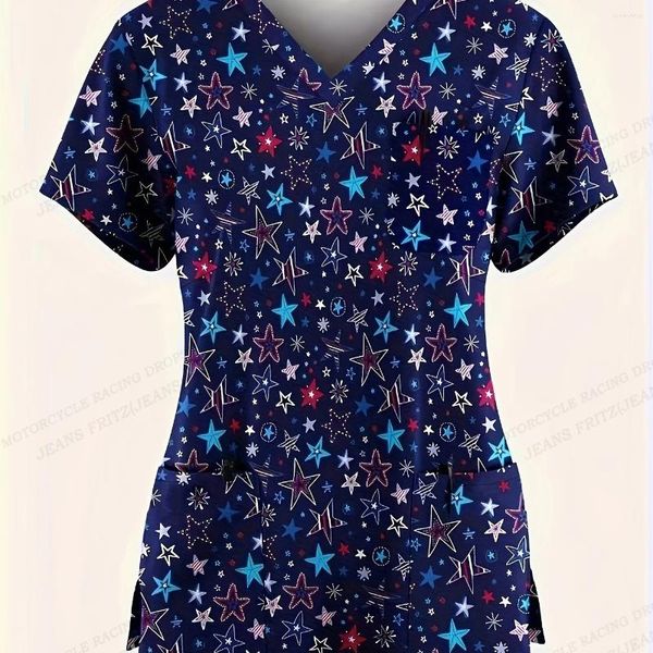 T-shirts pour femmes uniformes de dessin animé étoile 3d imprimement poche en V-colmes infirmières gommages tops vêtements de travail sauthes uniformes