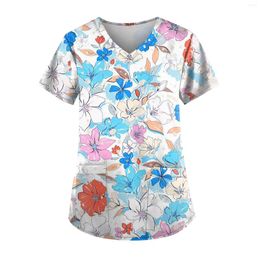 Damen T-Shirts Frauen Uniform Blumendruck Tops V-Ausschnitt Taschenuniformen Pflege Peeling Arbeitskleidung Pflegearbeiter Bluse 2024 Frühling
