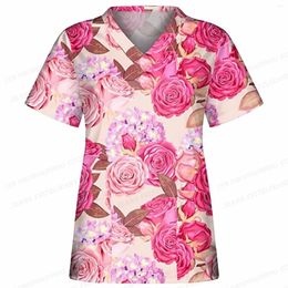 T-shirts pour femmes Femmes Uniforme Rose 3D Imprimer Tops Col V Poche Uniformes Floral Nursing Scrubs Uniforme Enfermera