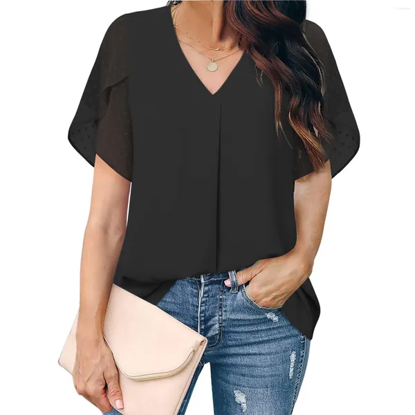 Camisetas para mujeres Women V cuello Chiffón Color liso Blusa plisada Tops de manga corta Camiseta para mujer Elegante trabajo de oficina