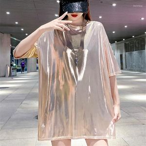T-shirts femme T-shirt effet mouillé métallisé haut à manches courtes Hip Hop Dance Shiny Blouse Nightclub Party 923-695