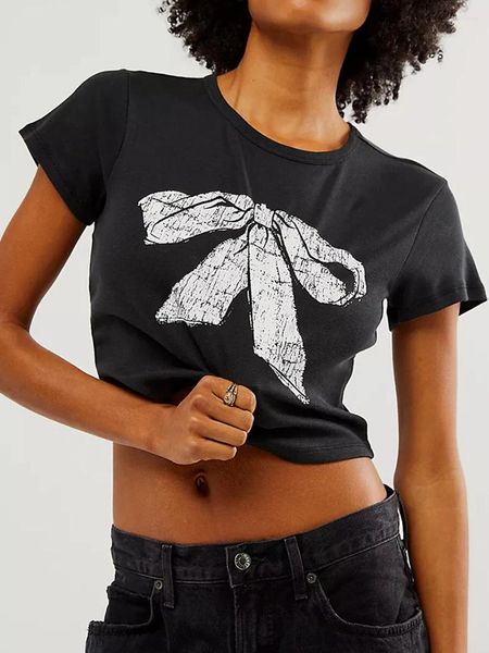 T-shirts Femmes Femmes Y2K Bow Imprimer Chemise Mignon Crewneck Bébé Tee Manches Courtes Tops Fée Grunge Esthétique Tenues Streetwear