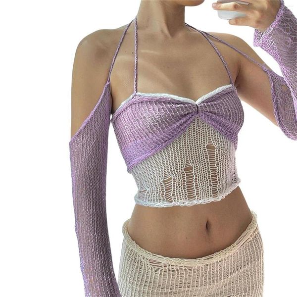 T-shirts pour femmes Y2k Crochet Knit Crop Top Contraste Couleur Halter Neck Tie-Up Backless Slim Fit T-Shirts Summer Hollow Out Tops