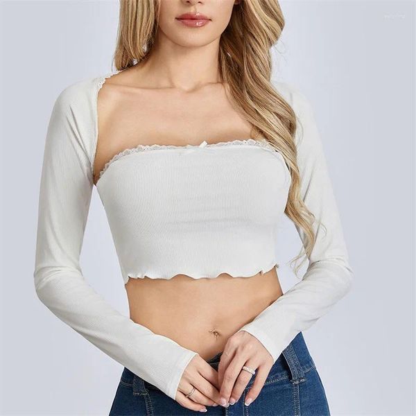 Camisetas para mujer Mujeres Y2K Conjuntos de dos piezas Saliendo Manga larga Bolero Shrug y Bandeau Tube Crop Tops Lace Trim Slim Fit Camiseta Otoño