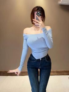 T-shirts pour femmes femme Sexy tees doux tees mode coréen bleu long manche un épaule mince de taille de taille irrégulière Bgs2