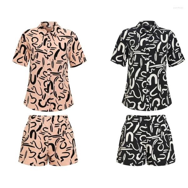 Camisetas de mujer Trajes de 2 piezas para mujer Casual Graffiti Impreso Manga corta Cuello vuelto Blusa con botones y conjunto 101A