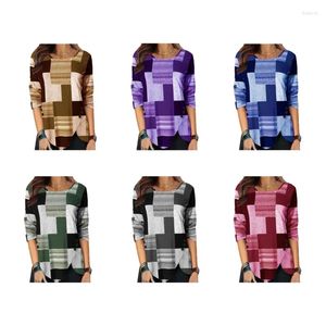 T-shirts Femme Automne Manches Longues Pull Chemisier Haut Col Ras Du Cou Colorblock Boutons À Carreaux Ourlet Fendu Tunique Lâche Décontractée M6CD