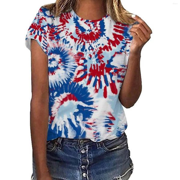 T-shirts pour femmes Femmes Casual Amérique Drapeau Imprimer O Cou À Manches Courtes Blouse Tops Long Polyester Spandex Mode Chemise Hommes