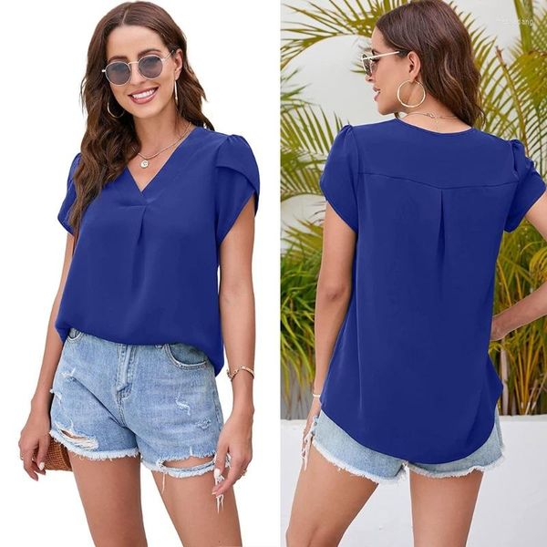 Camisetas de mujer, camisetas holgadas informales de manga corta de pétalos de Color sólido, blusas plisadas con cuello en V de verano, jersey con dobladillo curvo, Top tipo túnica