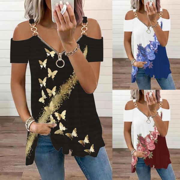 Camisetas de mujer Casual de manga corta con cuello en V y cremallera con patrones de teñido anudado Top Sexy túnica con hombros descubiertos para mujer delgada larga