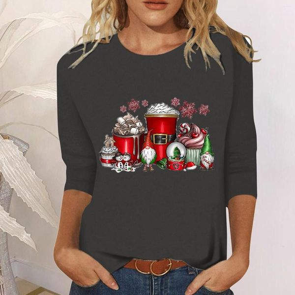 Camisetas para mujer Navidad Casual Moda Copa Gnomo Impresión Cuello redondo Manga tres cuartos Simple Largo para mujeres