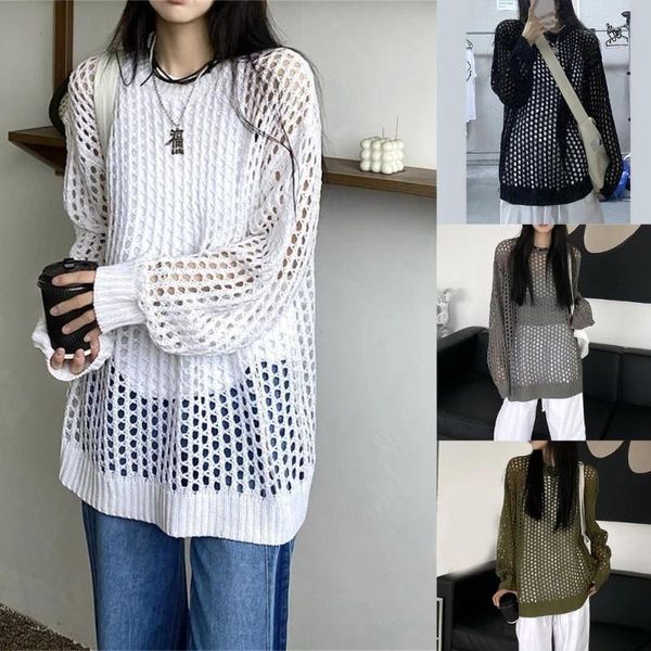 Camisetas para mujer Cuello redondo Crochet Manga larga Ahueca hacia fuera Suéteres de punto Tops Drop