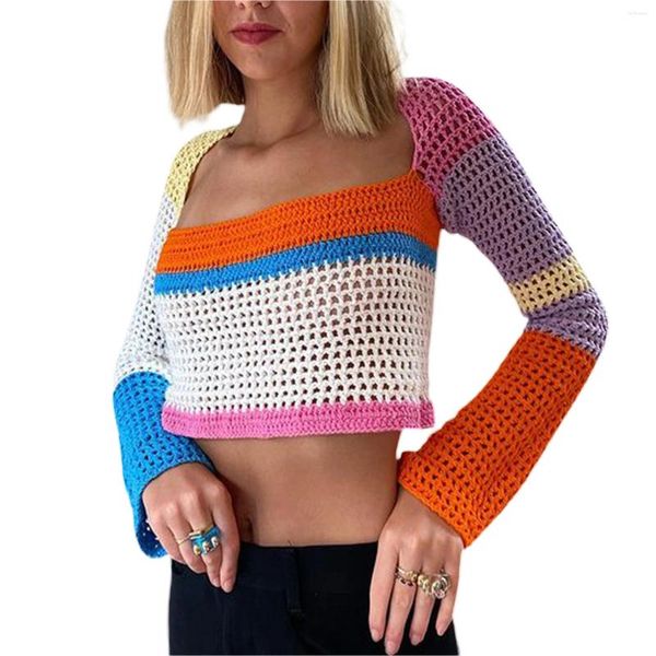 T-shirts pour femmes, hauts courts en tricot au crochet, manches longues, bloc de couleurs, ajouré, coupe régulière