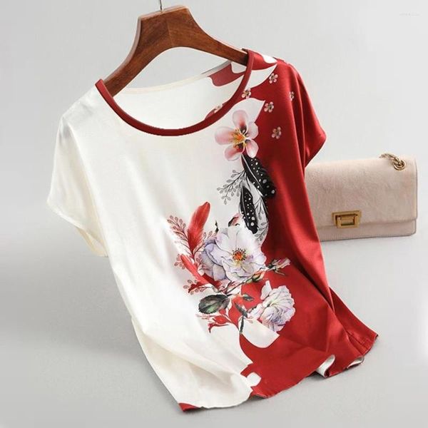Camisetas para Mujer Blusa con Estampado Floral De Moda para Mujer Blusas De Satén De Seda De Hielo para Mujer Camisetas De Manga Corta con Alas De Murciélago Tops Informales Vintage