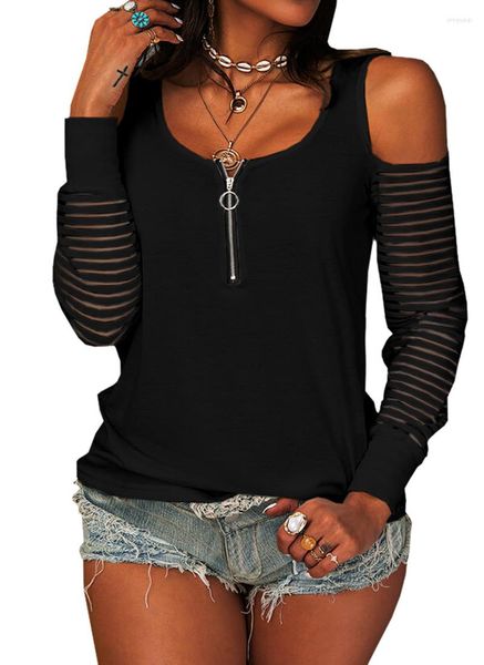 Camisetas de mujer, camiseta de manga larga a la moda para mujer, camisetas casuales de Color sólido con costuras de encaje y lentejuelas, camisetas ceñidas sexys, Top básico