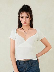 T-shirts pour femmes Femmes Front Cross Wrap Crop Tops Côtelés Knit Deep V Cou Sexy À Manches Courtes Côté Split Tee Ajusté Sortir Chemise