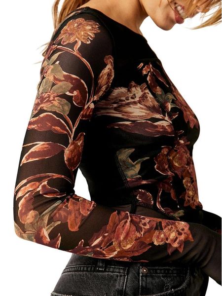 Camisetas para mujer Tops de manga larga de malla para mujer Estampado floral Ajustado Cuello redondo Ver a través de pantalones cortos para primavera y otoño