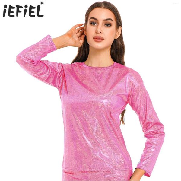 Camisetas para mujer, camiseta metálica brillante, camisetas a la moda con cuello redondo, camisetas para actuación de baile, disfraz de fiesta, manga larga para mujer