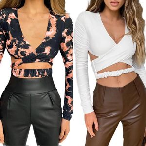 Dames t shirts dames perspectief crop tops sexy cross wrap ruches lange mouw Deep V nek uitgesneden slanke fit t-shirts polyester