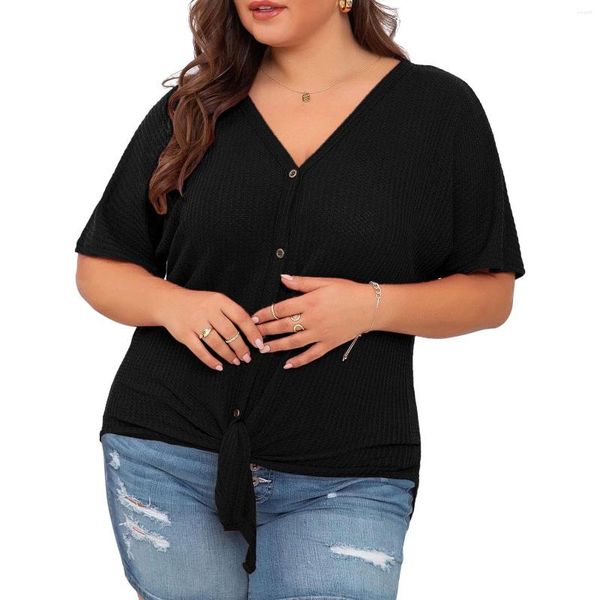 T-shirts pour femmes femmes plus taille plus manche courte V couche tunique tricot à cravate front bouton avant lâche des femmes de mode élégante
