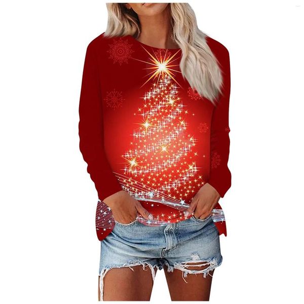 Camisetas para mujer Sudadera estampada para mujer Jerséis novedosos navideños Suéter de Navidad Tops Manga larga Cuello redondo Jersey informal Tallas grandes 2024