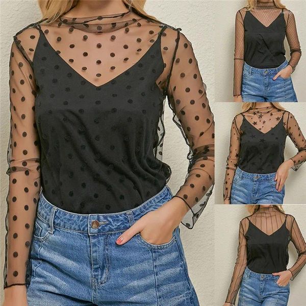 Camisetas para mujer Mujeres Sexy Harajuku Mesh Tops Net See Through Shirt Transparente Undershirt Star Base Top Camisas Femininas Clubwear Tee