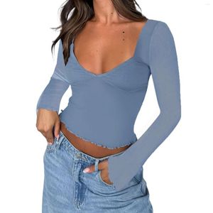 T-shirts pour femmes Femmes Sexy Sweetheart Cou Crop Tops Y2K Coupe basse Sheer Mesh Manches longues Solide Basic Slim Fit Tee