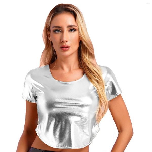 Camisetas de mujer, camiseta de manga corta metálica brillante para mujer, Top corto Sexy de cuello redondo, fiesta Rave, Festival de música, disfraz de puesta en escena