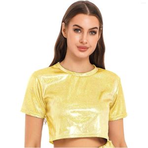 Dames t shirts dames glanzende korte mouw crop top club podium performance ronde nek soild kleur t-shirt voor dance party muziek festival