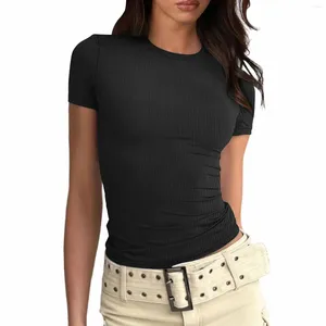 T-shirts pour femmes Femmes manches courtes Slim Fit Crop Top T-shirt à col rond Sortir des chemises serrées Couleur unie Summer Basic Tees Y2k Vêtements