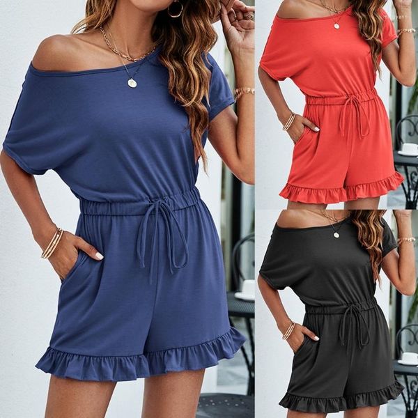 Camisetas para mujer Verano para mujer Color sólido Cuello redondo Manga corta Mameluco Cordón Cintura alta Volantes Dobladillo Pantalones cortos Monos con bolsillos