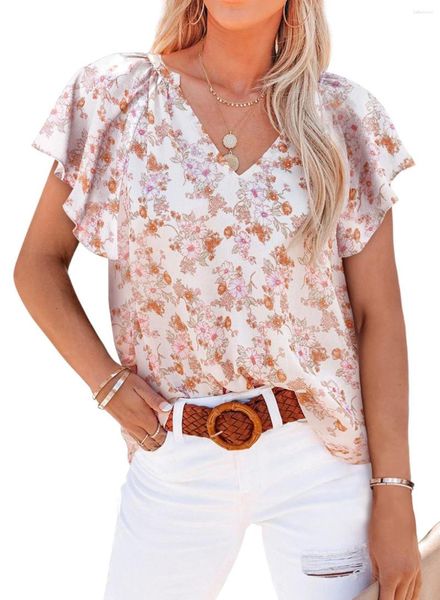 Camisetas para Mujer, Tops para Mujer, jersey con cuello en V y estampado Floral, camisa de gasa con manga de hoja de loto, Blusas informales urbanas de verano para Mujer