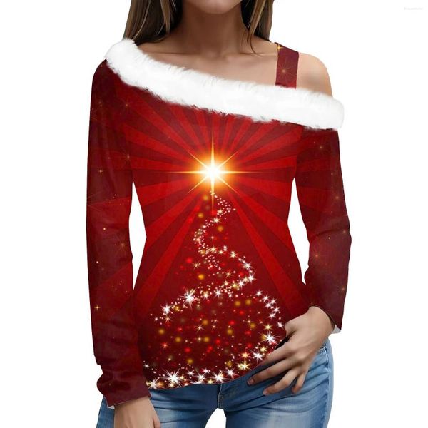 T-shirts Femmes Femmes Tops Sexy Off-épaule sans bretelles Tshirt Automne Hiver Noël Imprimer Pull Col Slant 2023 Femmes Noël Mode